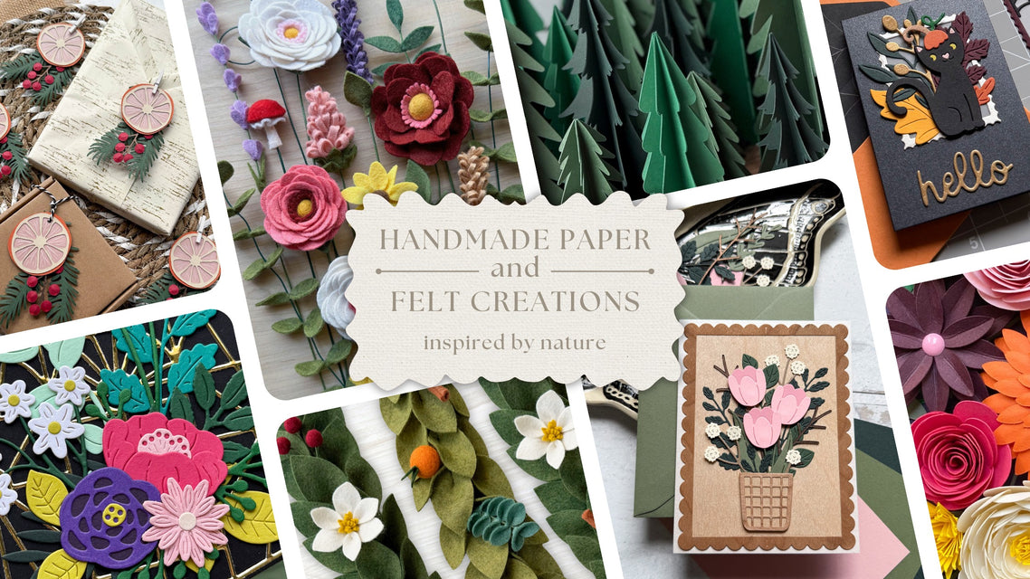 Collage of handmade paper and felt creations inspired by nature