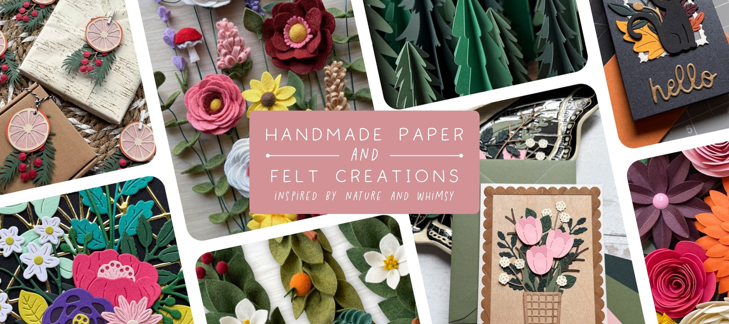 Collage of handmade paper and felt creations inspired by nature